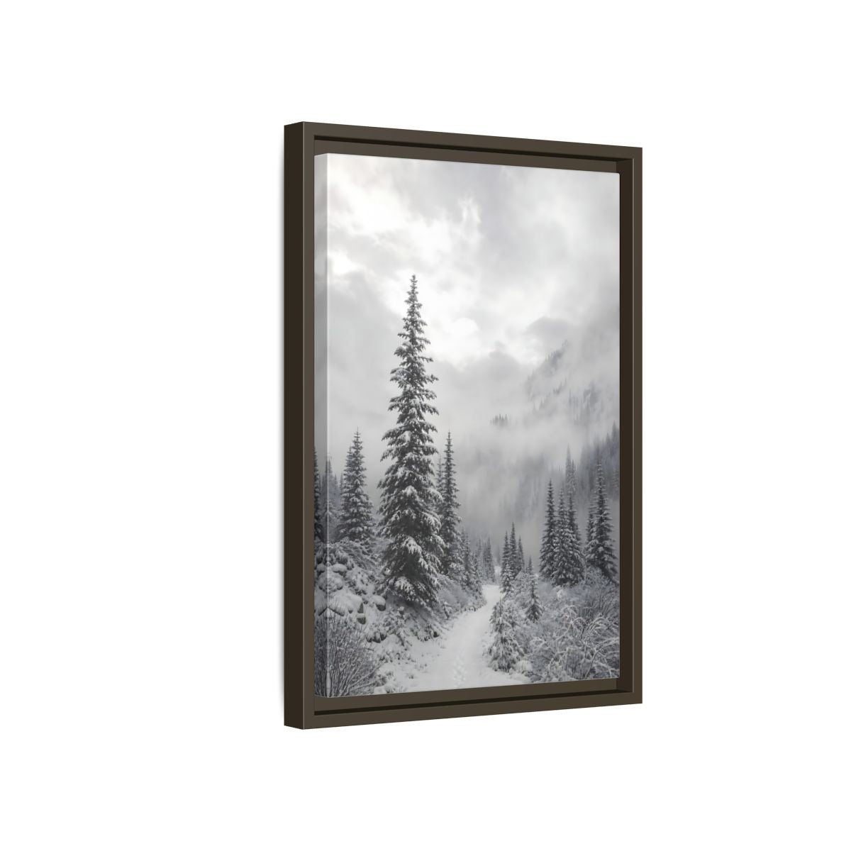 Side Mockup 5. Nature Snowy Forest Monochrome Winter shown as stretched canvas wall art