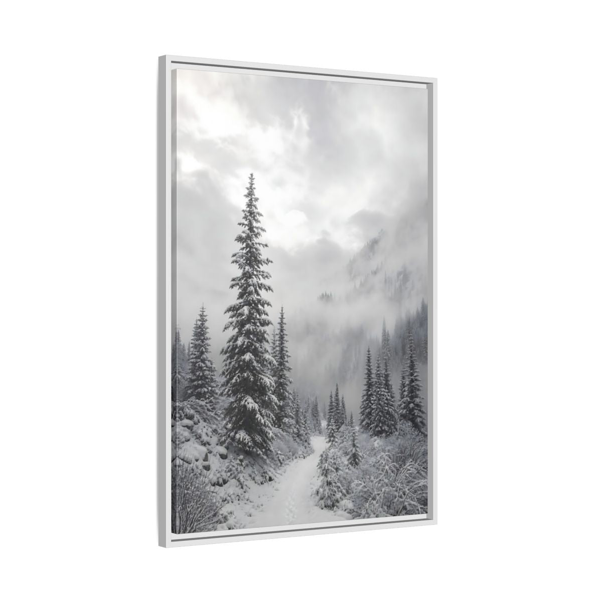 Side Mockup 9. Nature Snowy Forest Monochrome Winter shown as stretched canvas wall art
