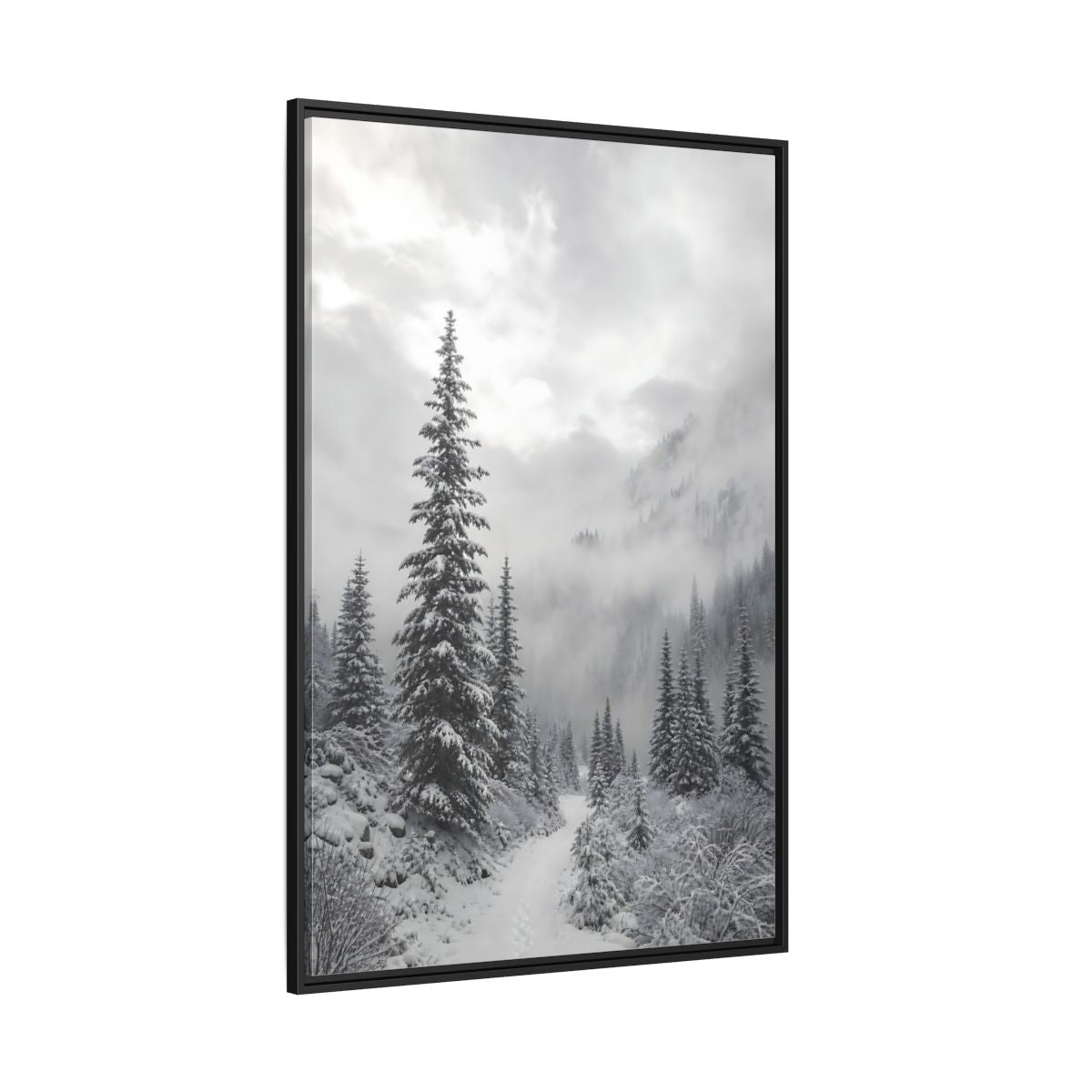 Side Mockup 12. Nature Snowy Forest Monochrome Winter shown as stretched canvas wall art