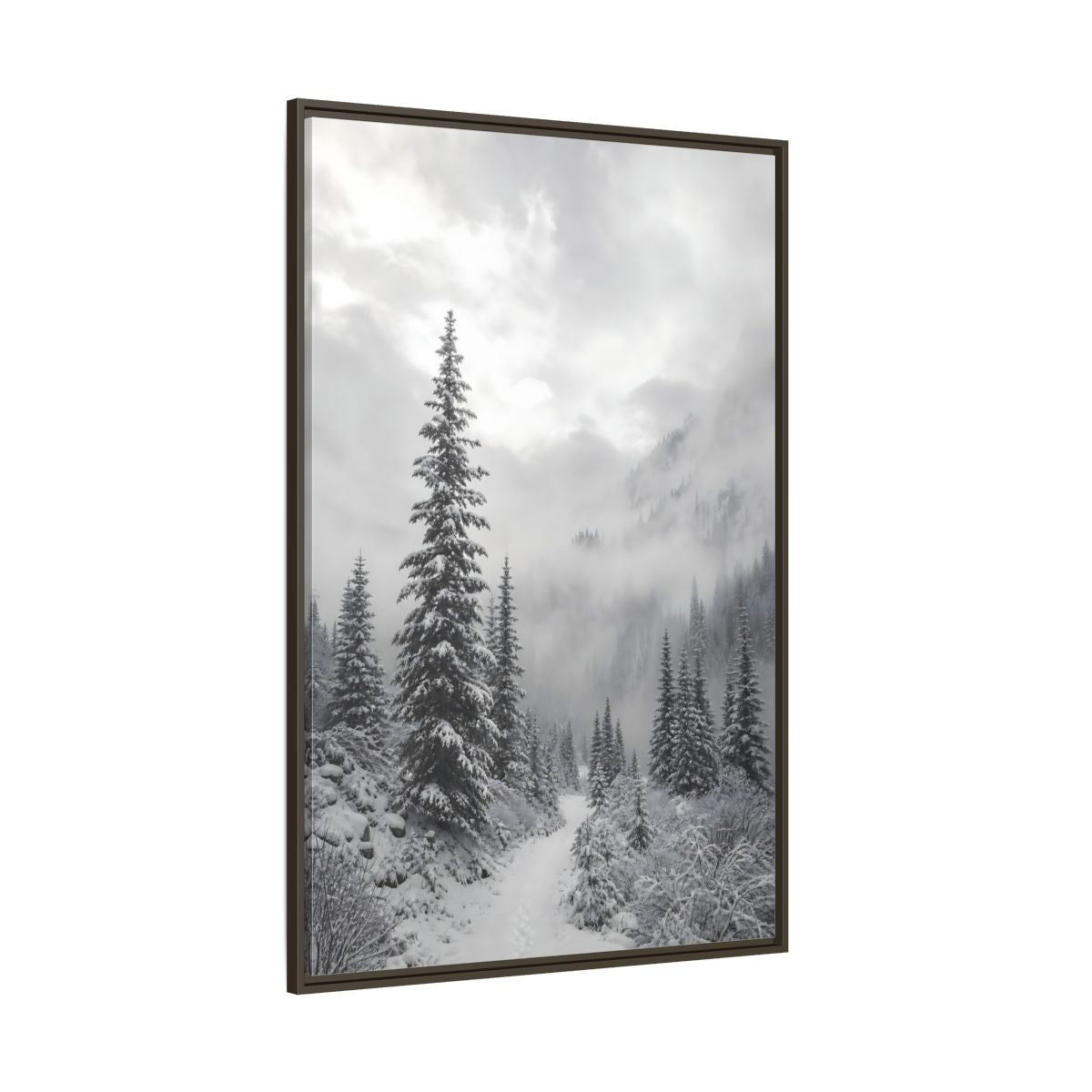 Side Mockup 8. Nature Snowy Forest Monochrome Winter shown as stretched canvas wall art