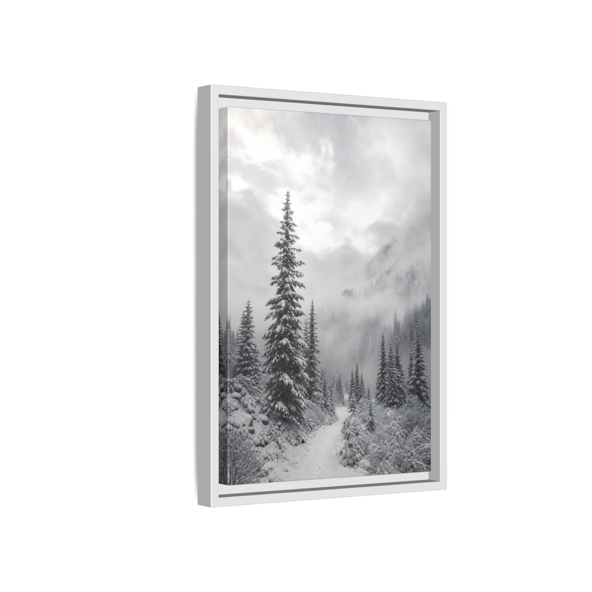 Side Mockup 4. Nature Snowy Forest Monochrome Winter shown as stretched canvas wall art