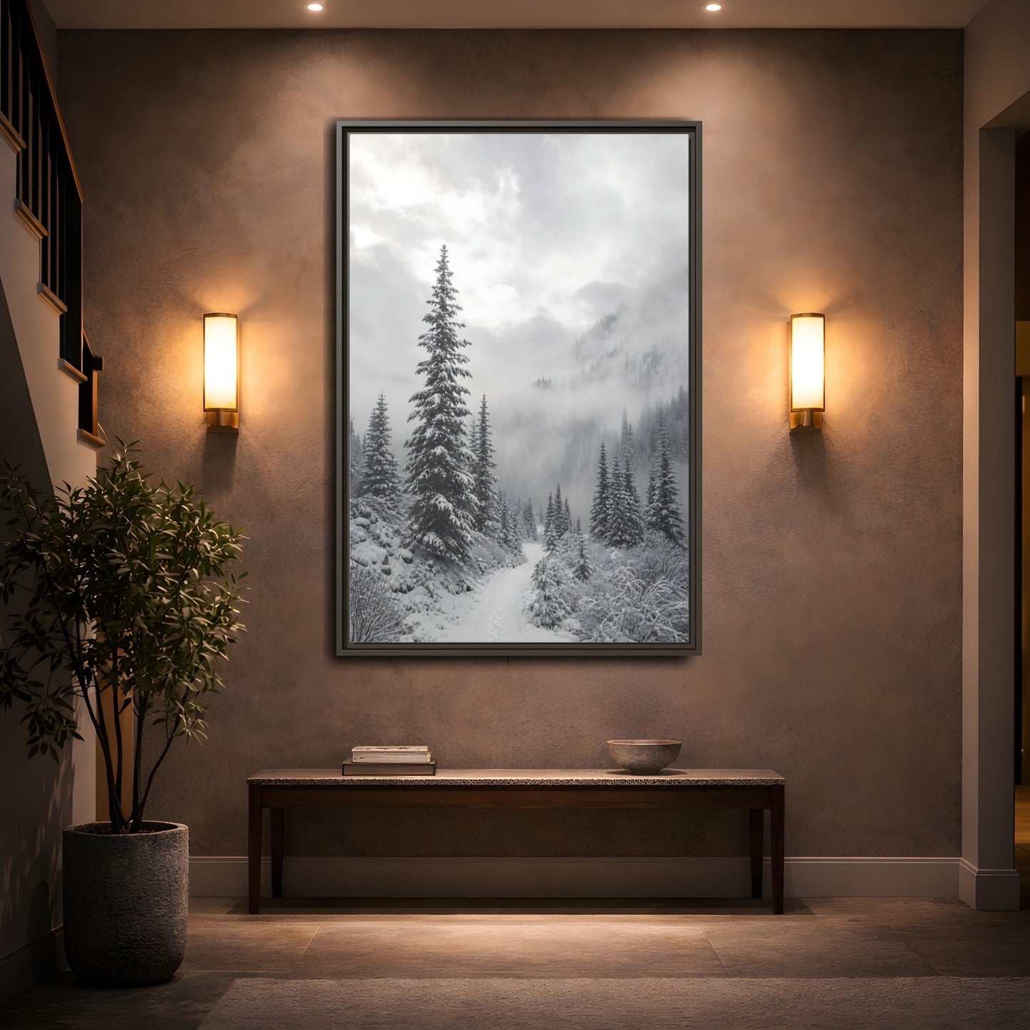 Mockup 2. Nature Snowy Forest Monochrome Winter shown as stretched canvas wall art
