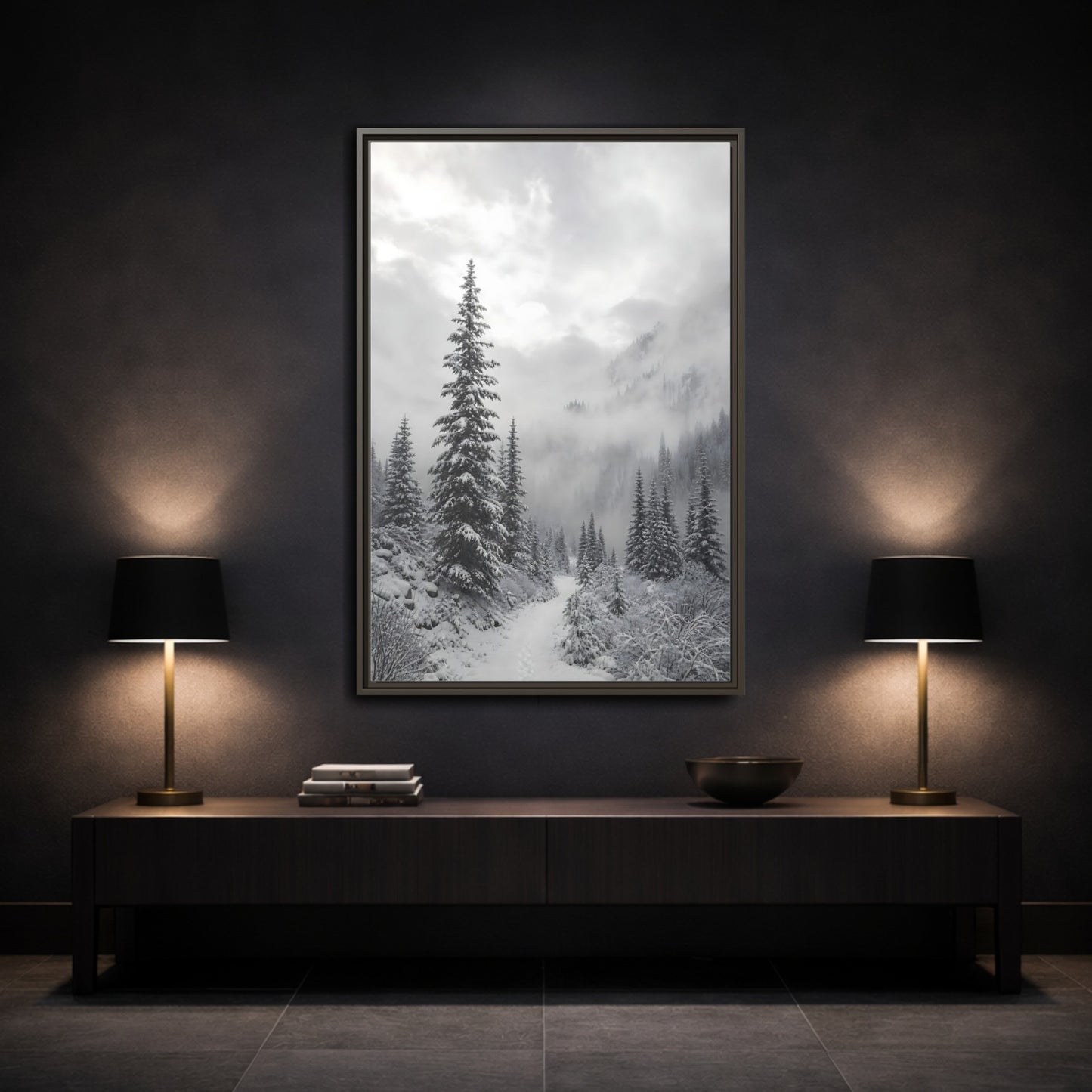Mockup 3. Nature Snowy Forest Monochrome Winter shown as stretched canvas wall art