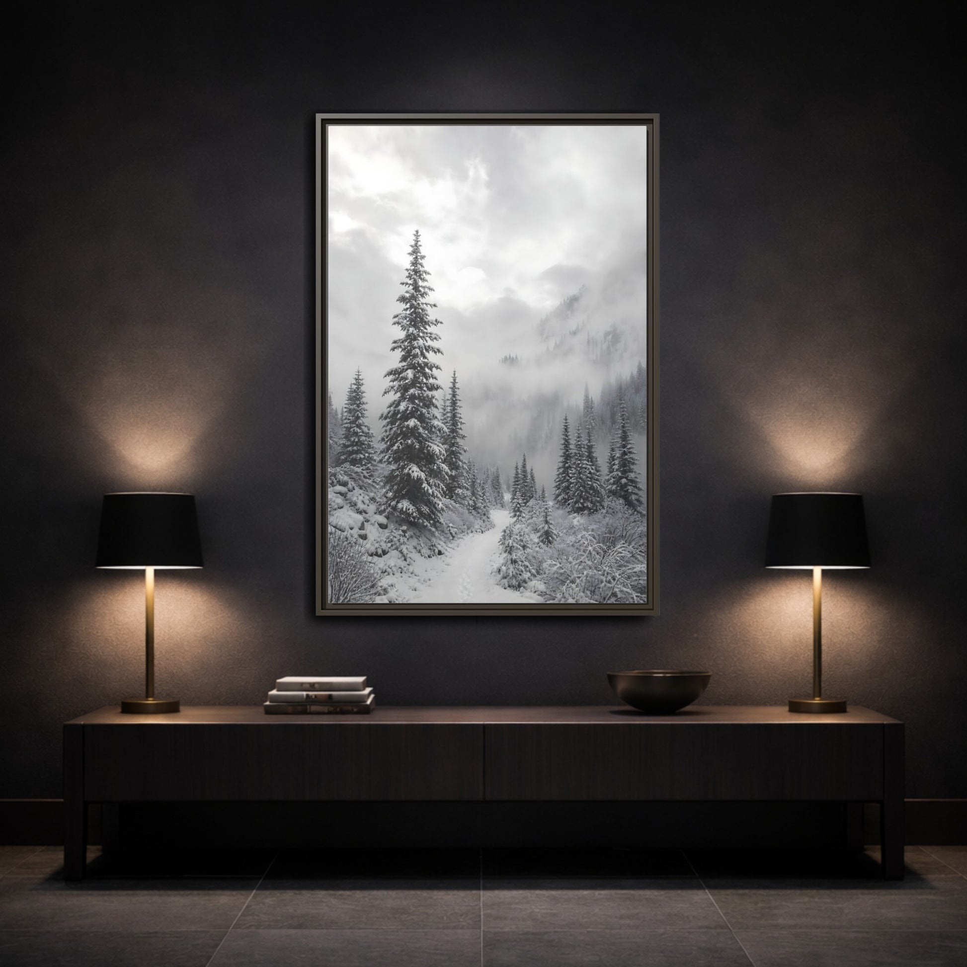 Mockup 3. Nature Snowy Forest Monochrome Winter shown as stretched canvas wall art
