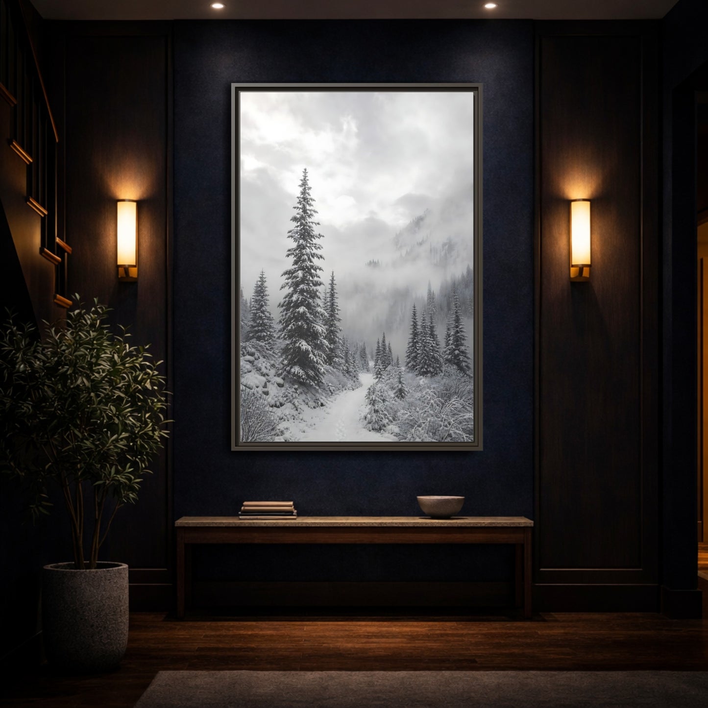 Mockup 4. Nature Snowy Forest Monochrome Winter shown as stretched canvas wall art