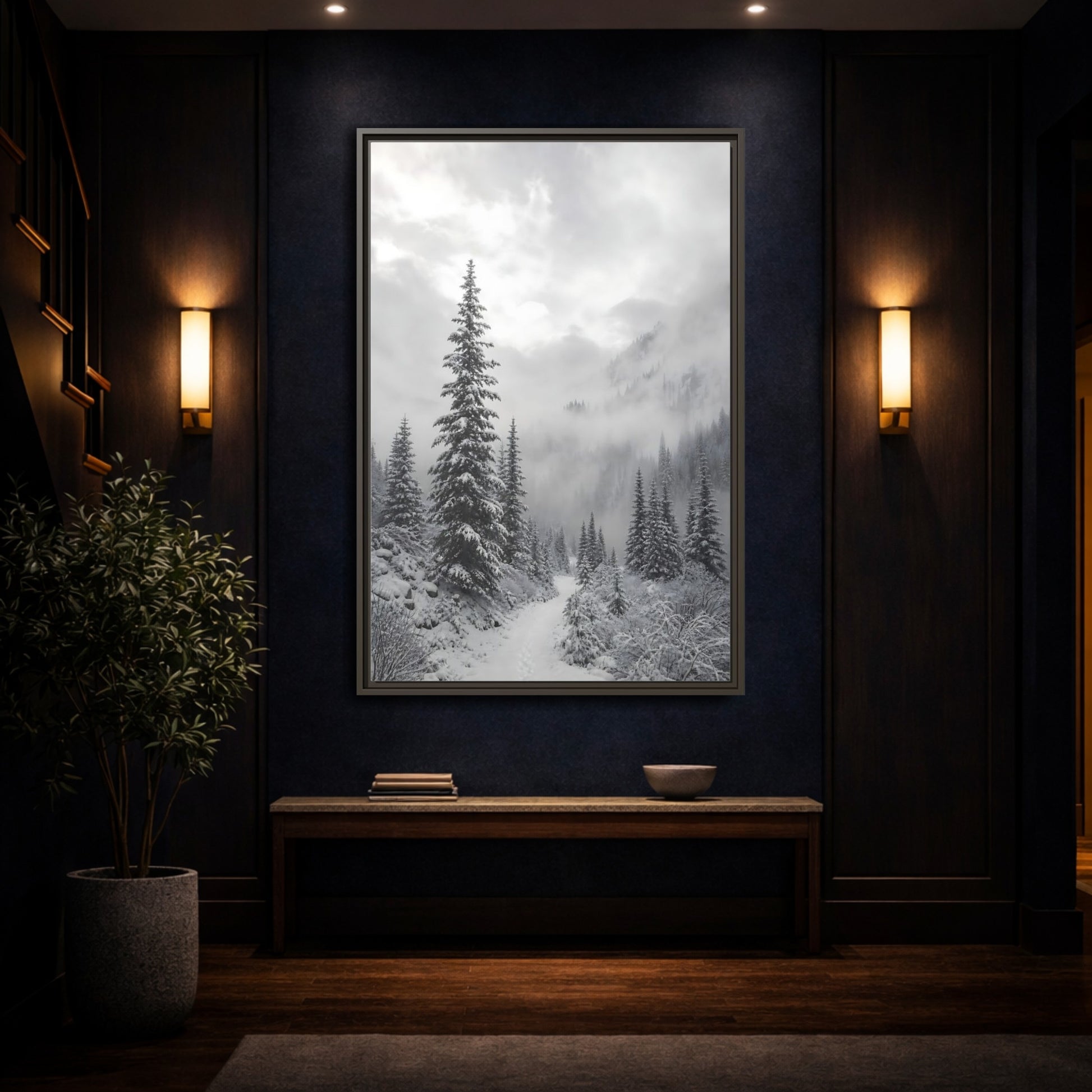 Mockup 4. Nature Snowy Forest Monochrome Winter shown as stretched canvas wall art