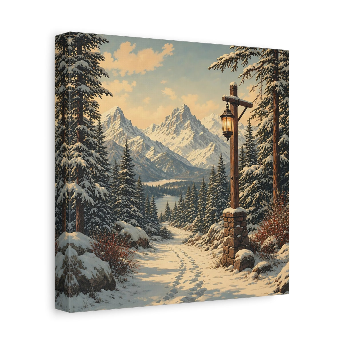 Side Mockup 9. Nature Snowy Landscape Snowy Mountain Path shown as stretched canvas wall art