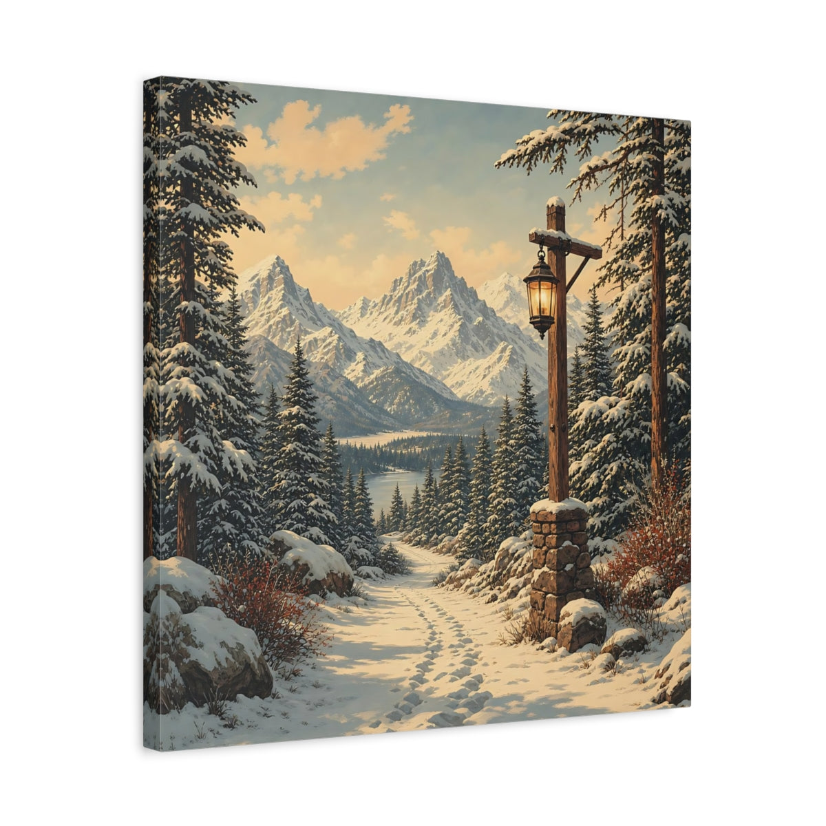 Side Mockup 5. Nature Snowy Landscape Snowy Mountain Path shown as stretched canvas wall art