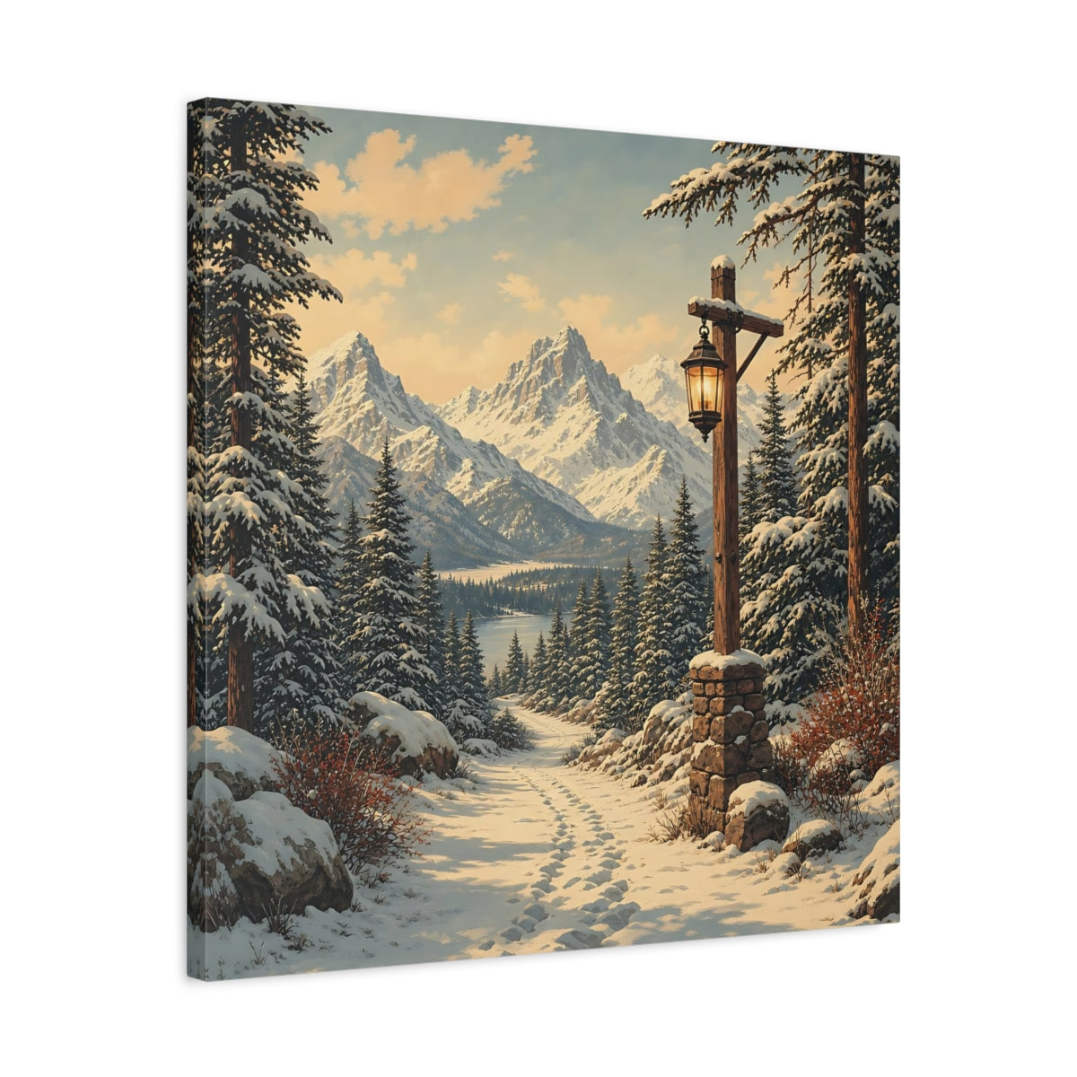 Side Mockup 4. Nature Snowy Landscape Snowy Mountain Path shown as stretched canvas wall art