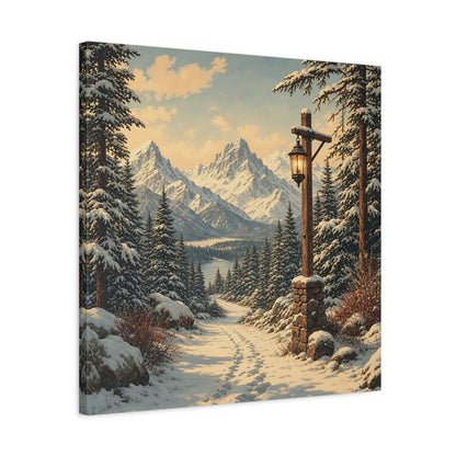 Side Mockup 4. Nature Snowy Landscape Snowy Mountain Path shown as stretched canvas wall art