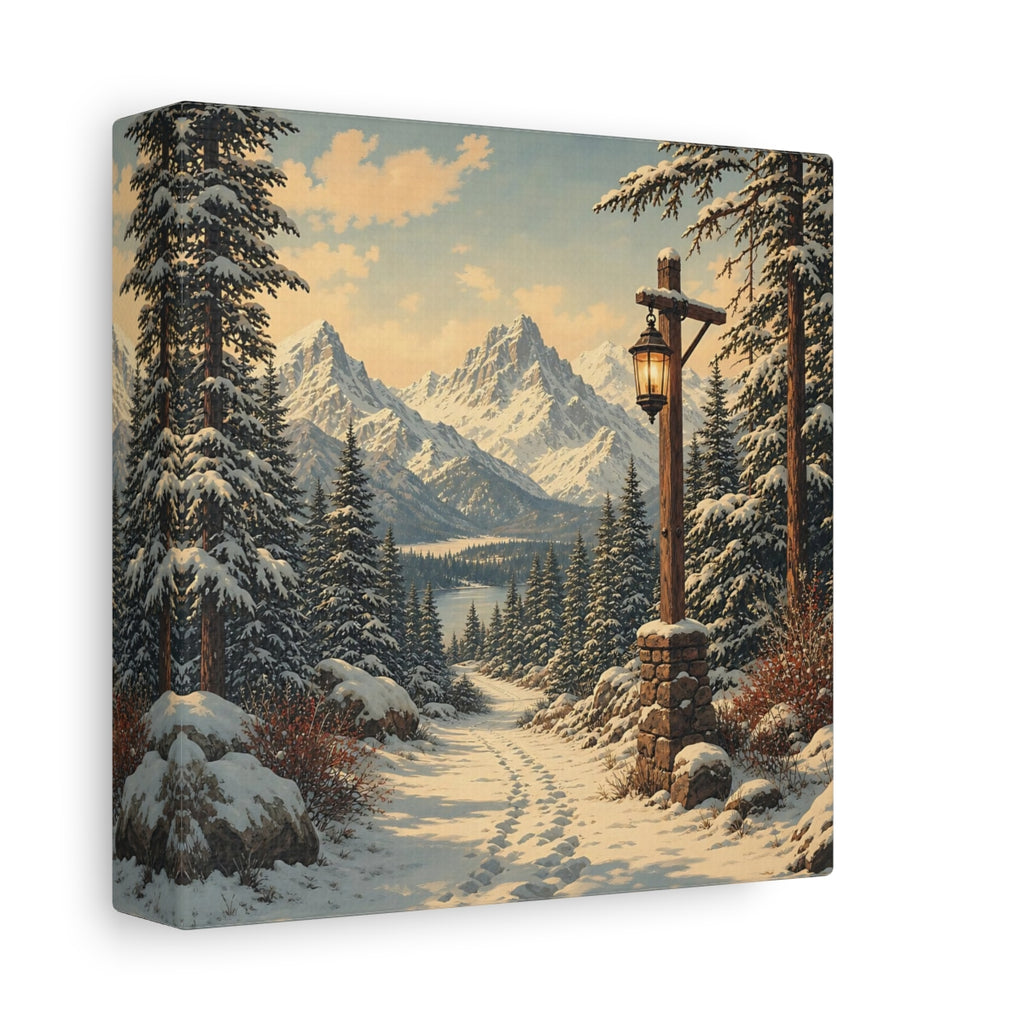 Side Mockup 2. Nature Snowy Landscape Snowy Mountain Path shown as stretched canvas wall art