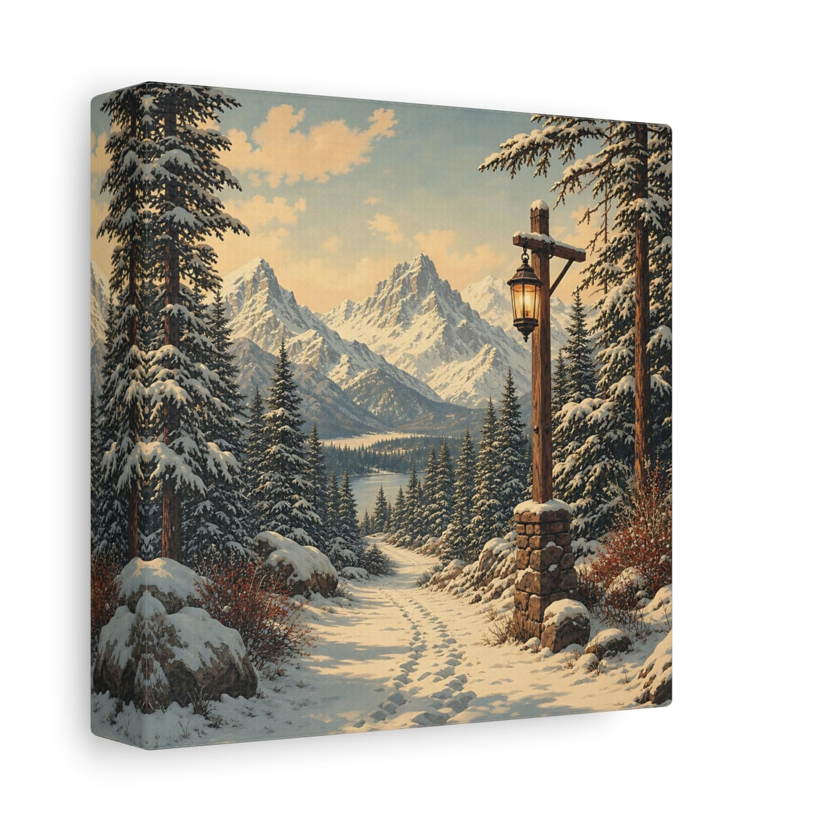 Side Mockup 2. Nature Snowy Landscape Snowy Mountain Path shown as stretched canvas wall art