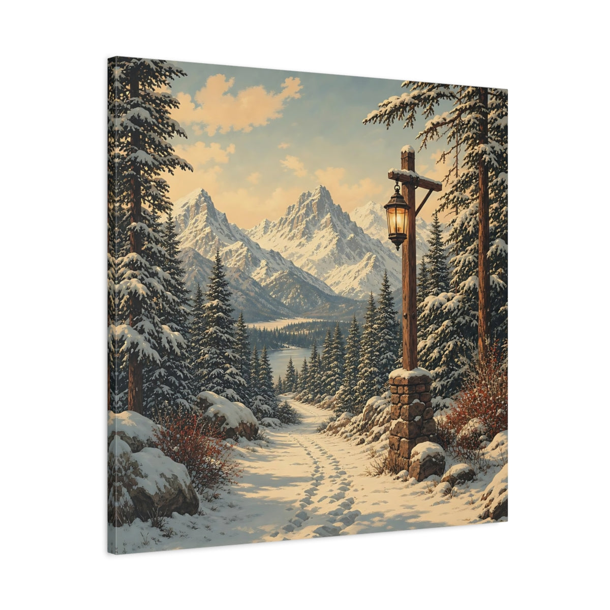 Side Mockup 3. Nature Snowy Landscape Snowy Mountain Path shown as stretched canvas wall art