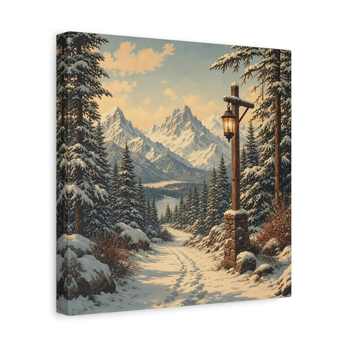 Side Mockup 8. Nature Snowy Landscape Snowy Mountain Path shown as stretched canvas wall art