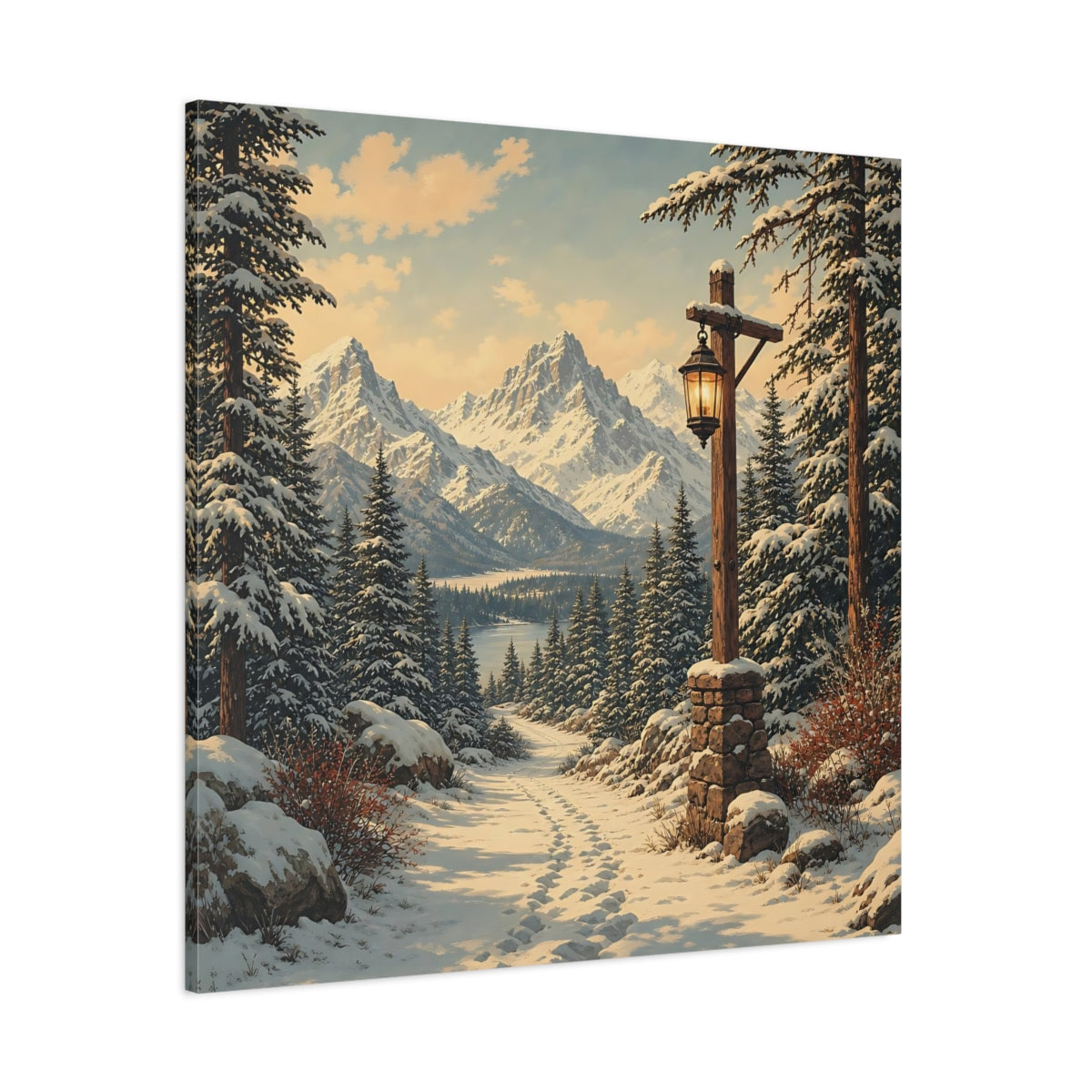 Side Mockup 1. Nature Snowy Landscape Snowy Mountain Path shown as stretched canvas wall art