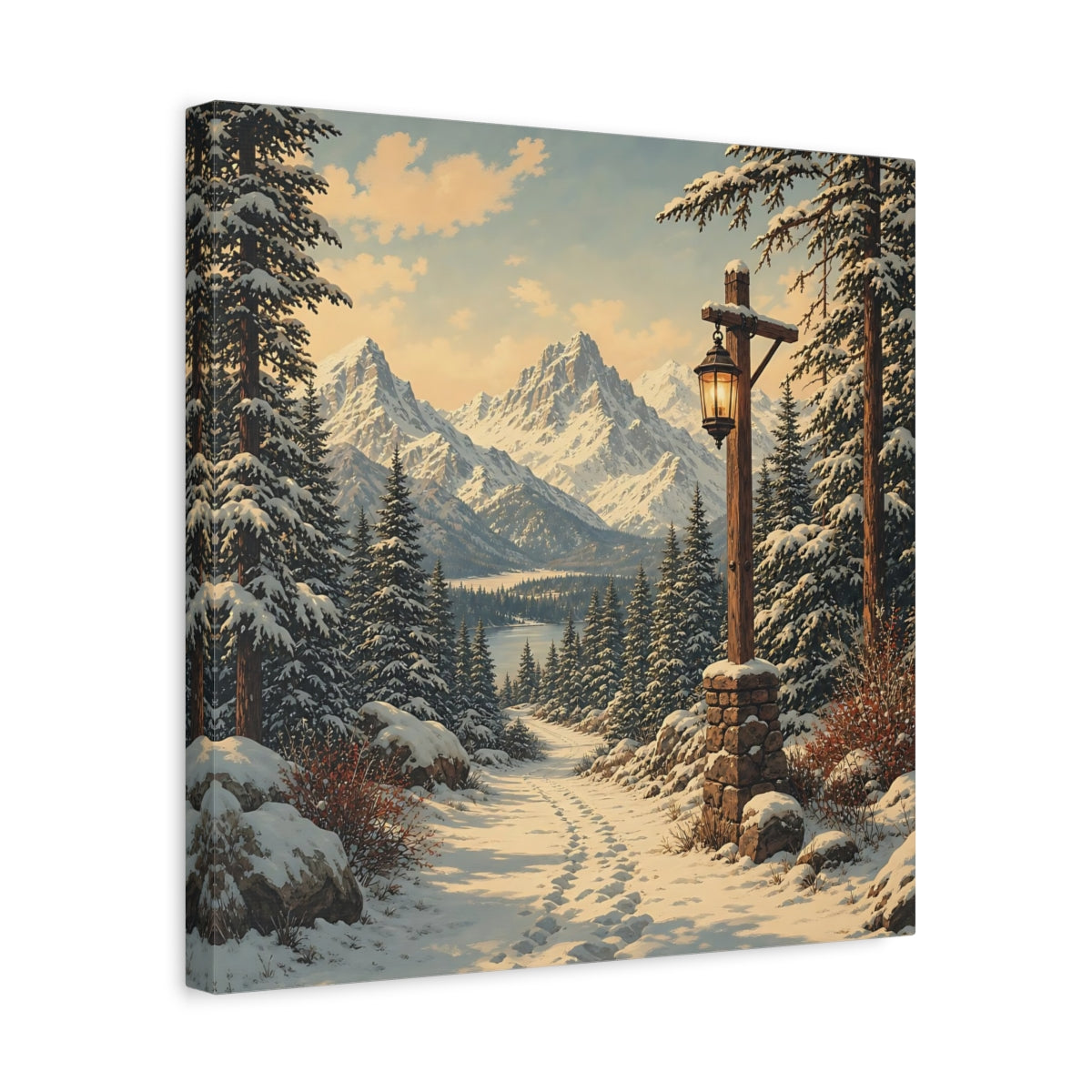 Side Mockup 6. Nature Snowy Landscape Snowy Mountain Path shown as stretched canvas wall art