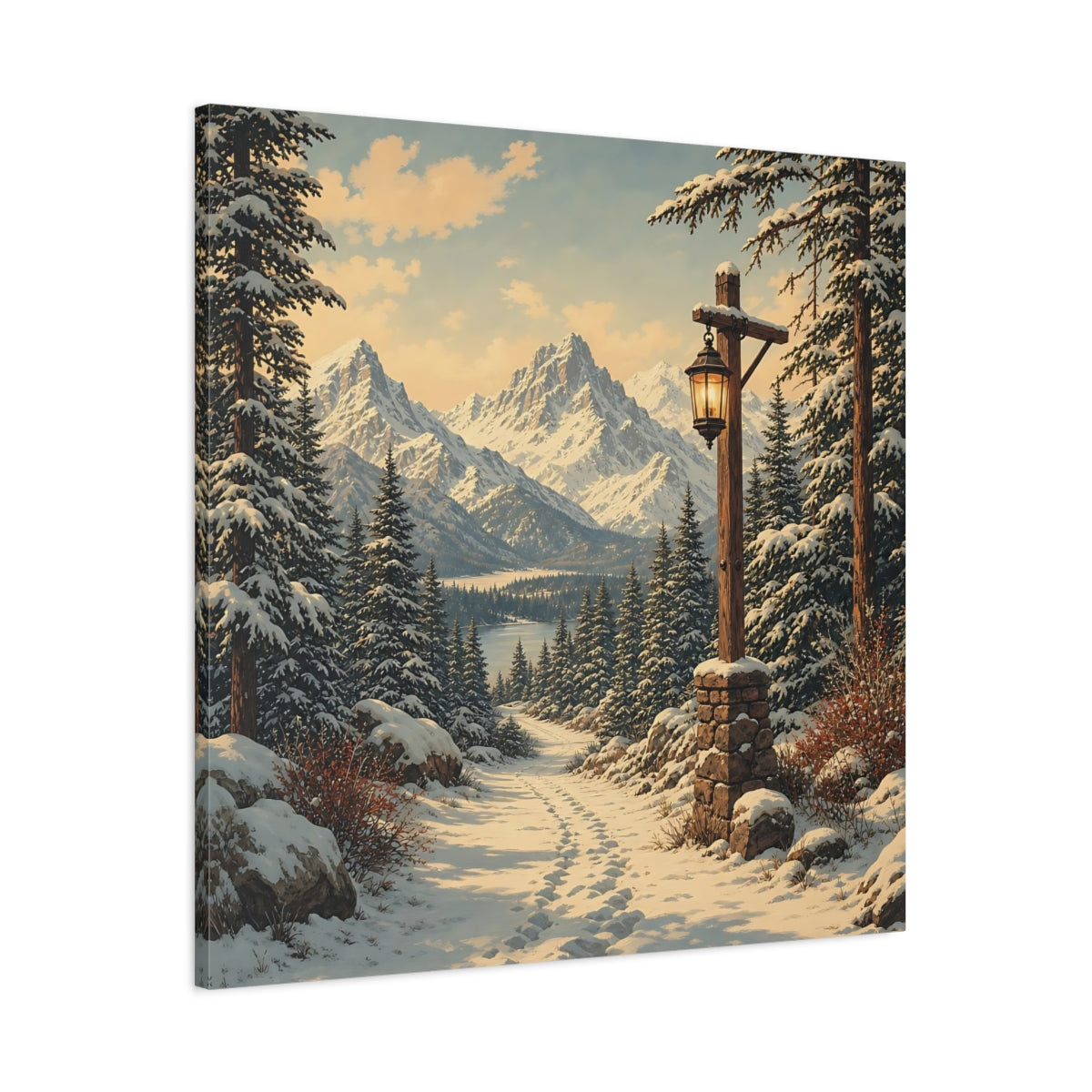 Main Mockup. Nature Snowy Landscape Snowy Mountain Path shown as stretched canvas wall art