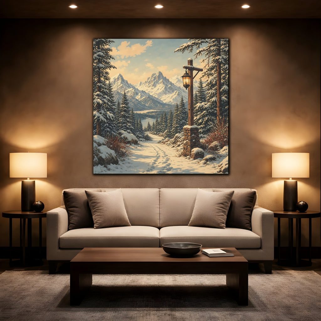 Mockup 2. Nature Snowy Landscape Snowy Mountain Path shown as stretched canvas wall art