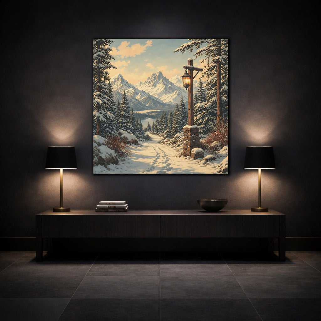 Mockup 3. Nature Snowy Landscape Snowy Mountain Path shown as stretched canvas wall art