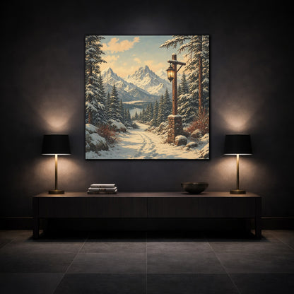 Mockup 3. Nature Snowy Landscape Snowy Mountain Path shown as stretched canvas wall art