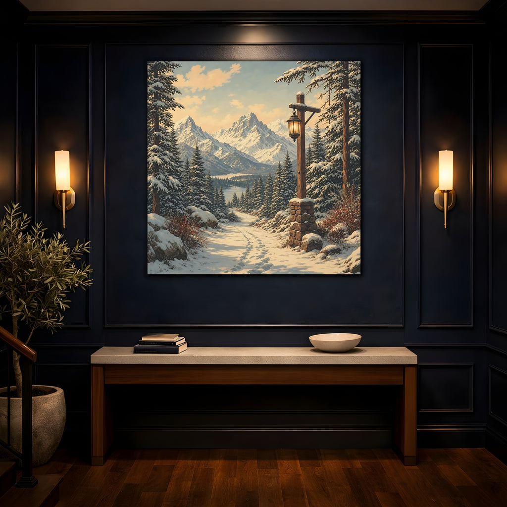 Mockup 4. Nature Snowy Landscape Snowy Mountain Path shown as stretched canvas wall art