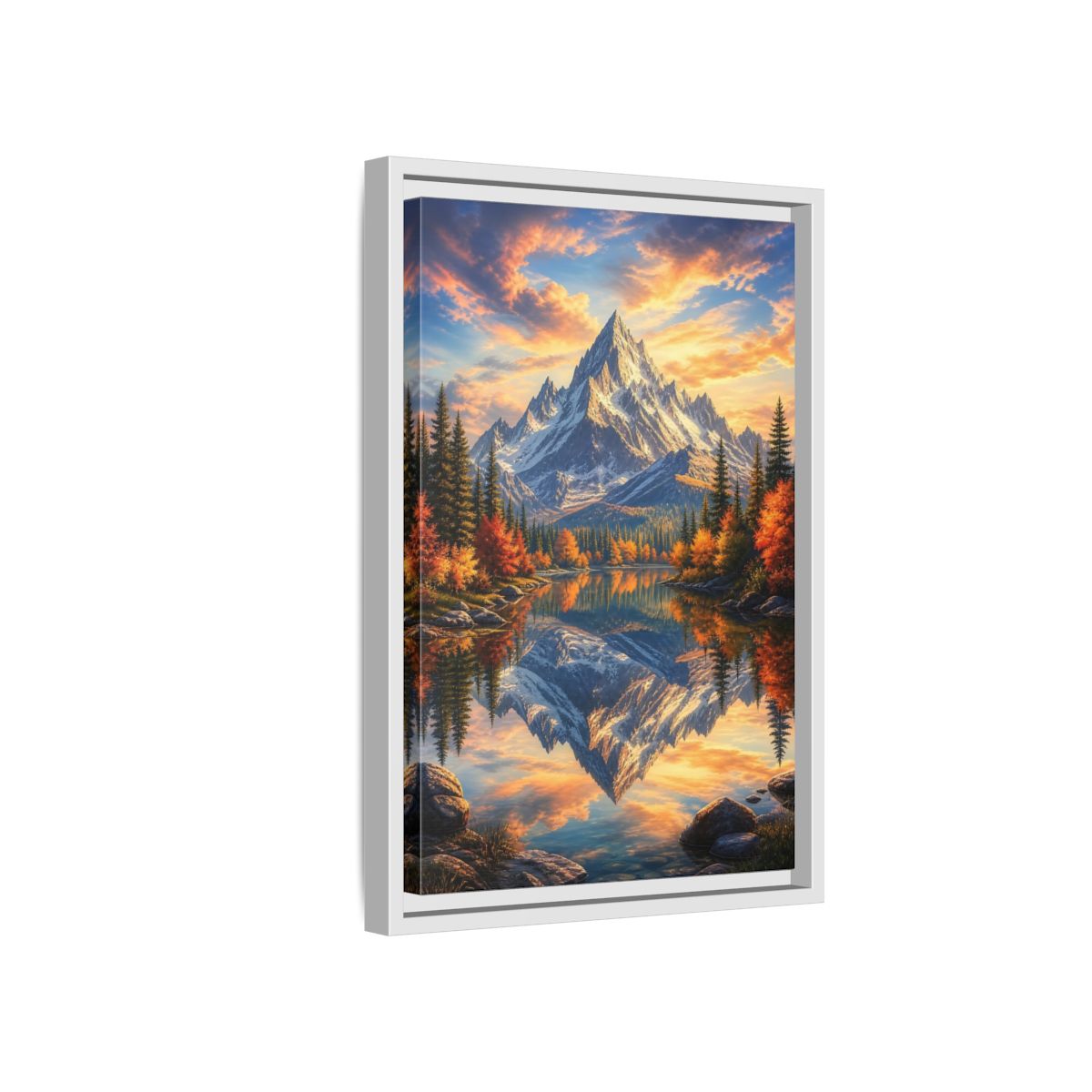 Side Mockup 4. Nature Snowy Mountain Autumn Mountain Lake shown as stretched canvas wall art