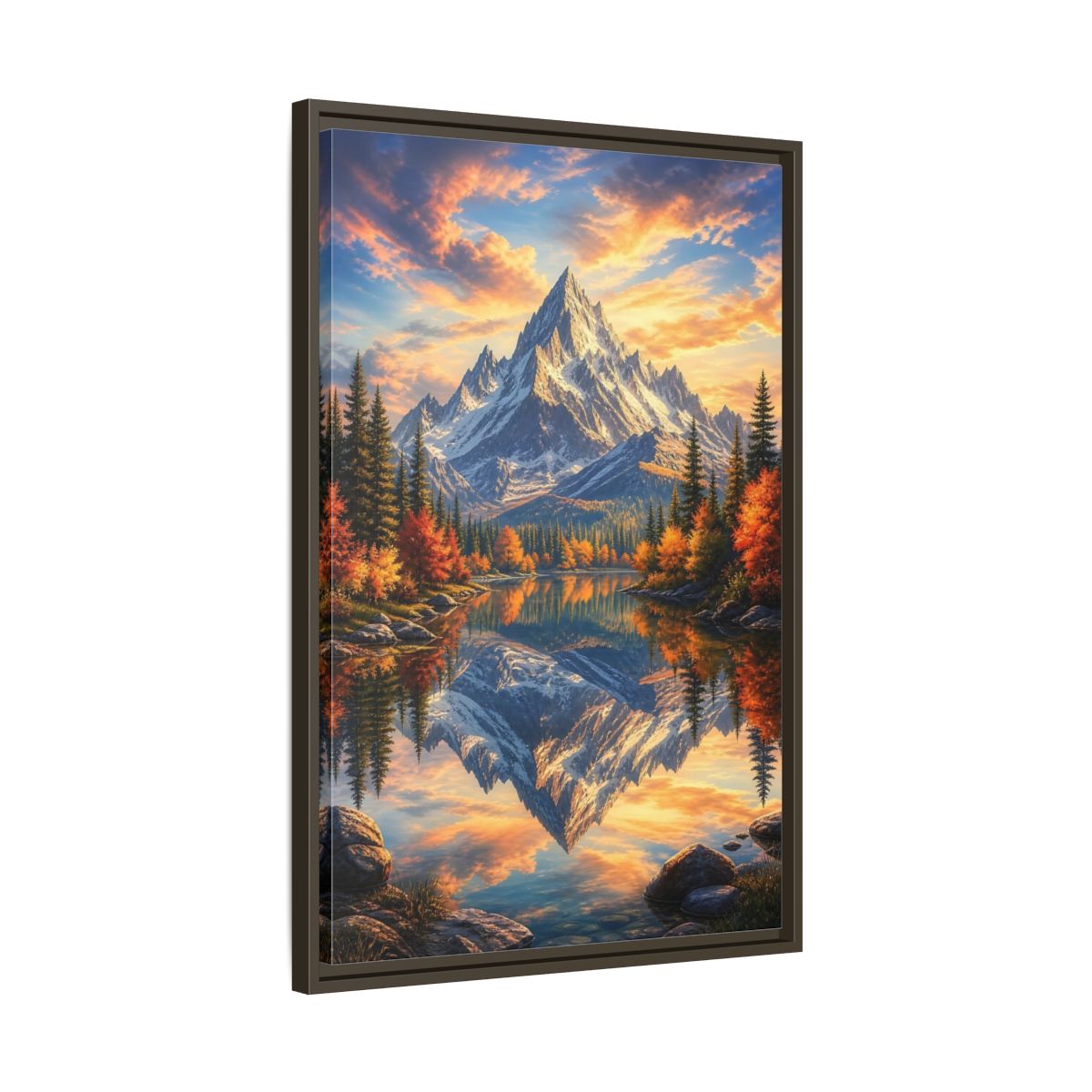 Side Mockup 11. Nature Snowy Mountain Autumn Mountain Lake shown as stretched canvas wall art