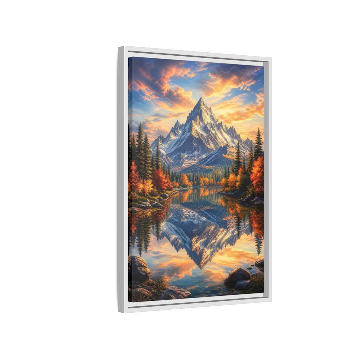 Side Mockup 1. Nature Snowy Mountain Autumn Mountain Lake shown as stretched canvas wall art