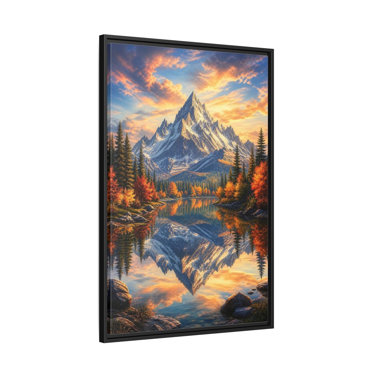 Side Mockup 13. Nature Snowy Mountain Autumn Mountain Lake shown as stretched canvas wall art