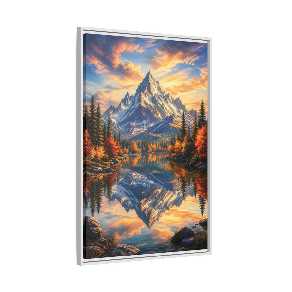 Side Mockup 9. Nature Snowy Mountain Autumn Mountain Lake shown as stretched canvas wall art