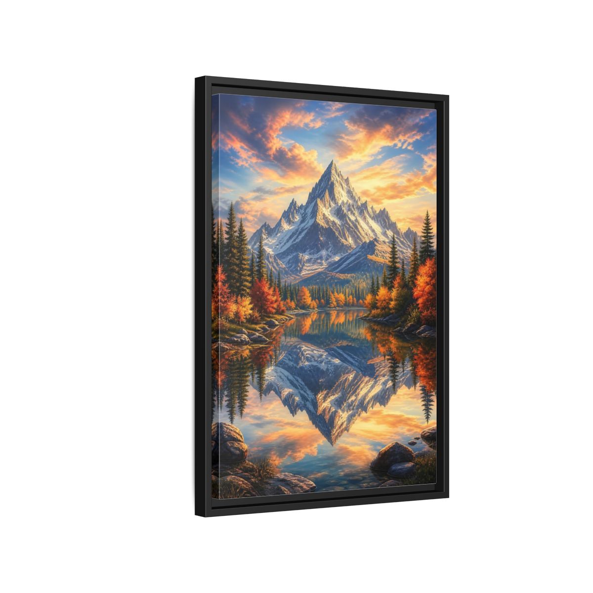 Side Mockup 3. Nature Snowy Mountain Autumn Mountain Lake shown as stretched canvas wall art
