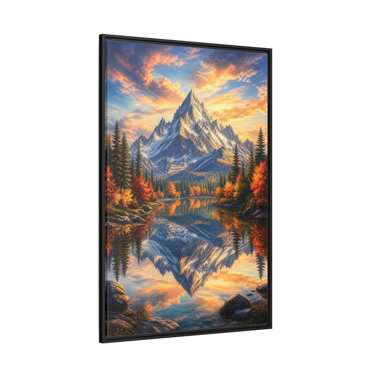 Side Mockup 12. Nature Snowy Mountain Autumn Mountain Lake shown as stretched canvas wall art