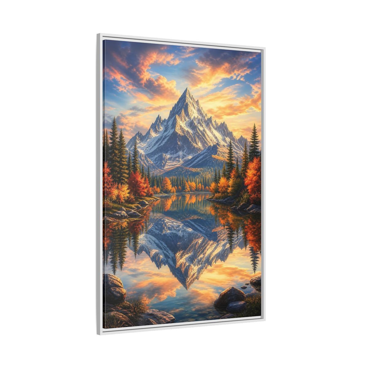 Side Mockup 7. Nature Snowy Mountain Autumn Mountain Lake shown as stretched canvas wall art