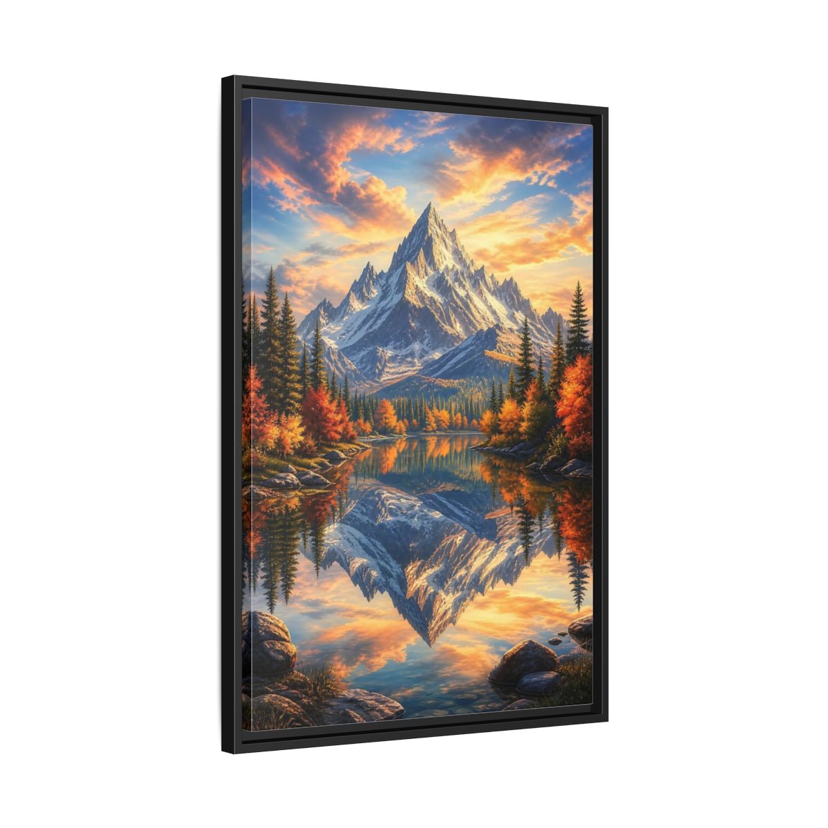 Side Mockup 14. Nature Snowy Mountain Autumn Mountain Lake shown as stretched canvas wall art