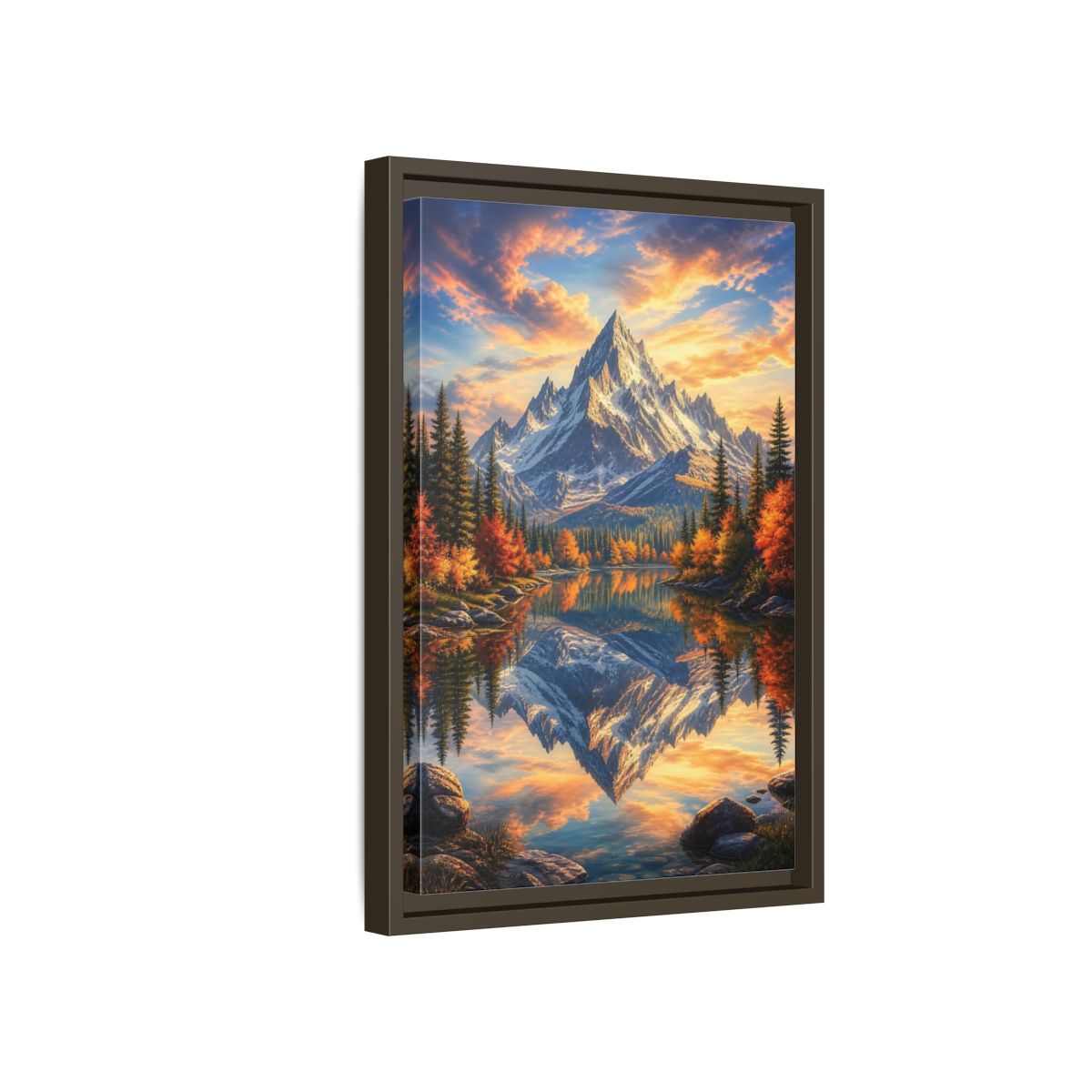 Side Mockup 5. Nature Snowy Mountain Autumn Mountain Lake shown as stretched canvas wall art