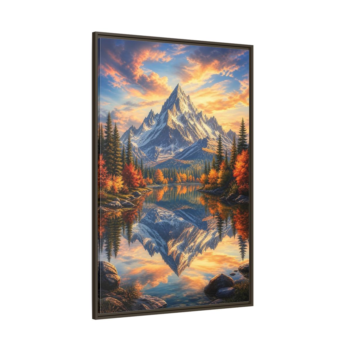 Side Mockup 8. Nature Snowy Mountain Autumn Mountain Lake shown as stretched canvas wall art