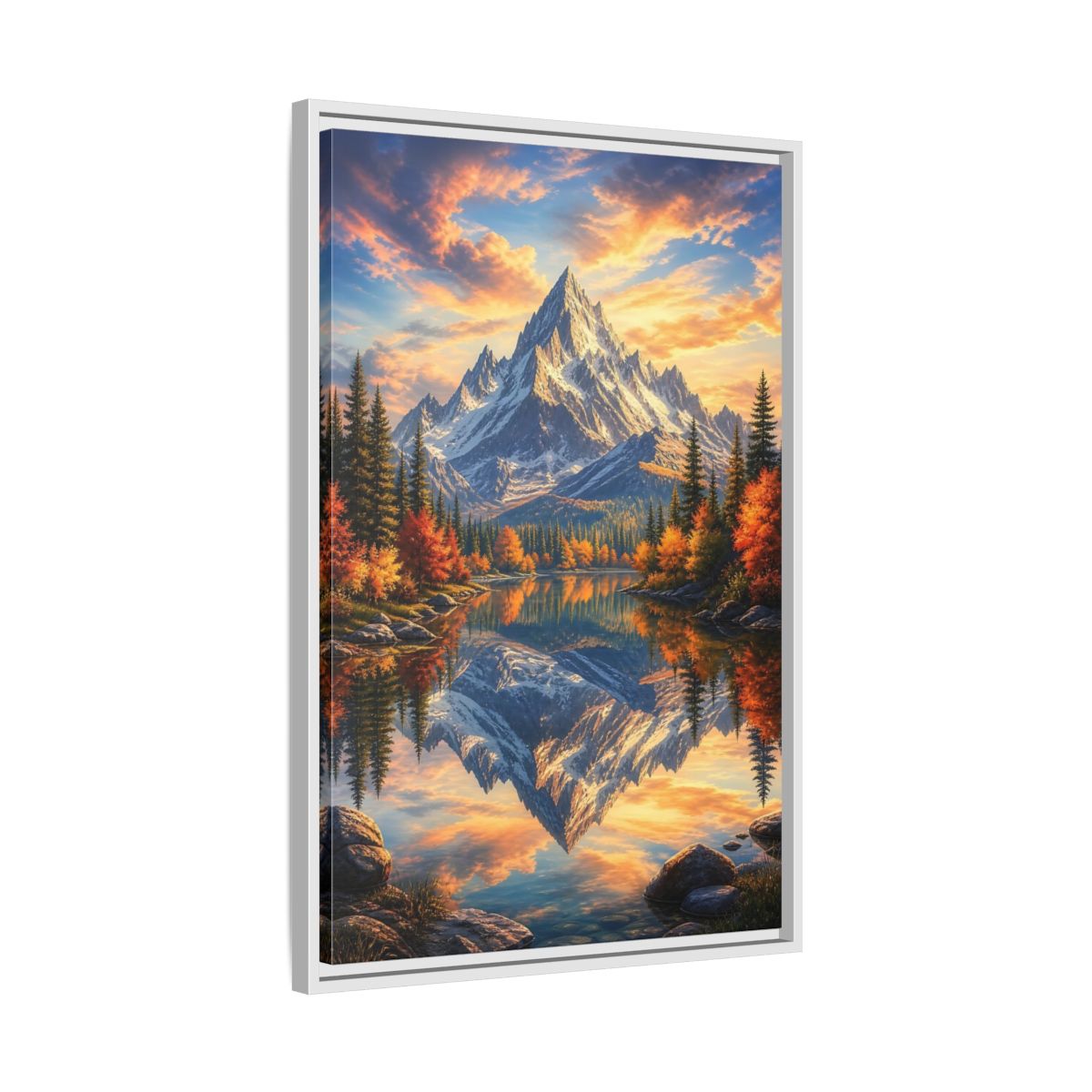 Side Mockup 10. Nature Snowy Mountain Autumn Mountain Lake shown as stretched canvas wall art