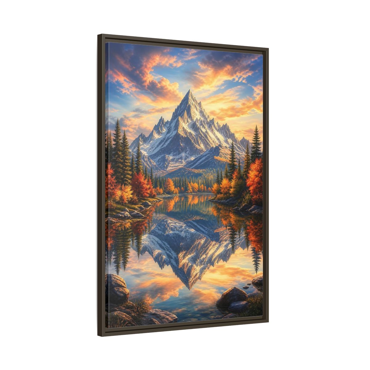 Main Mockup. Nature Snowy Mountain Autumn Mountain Lake shown as stretched canvas wall art