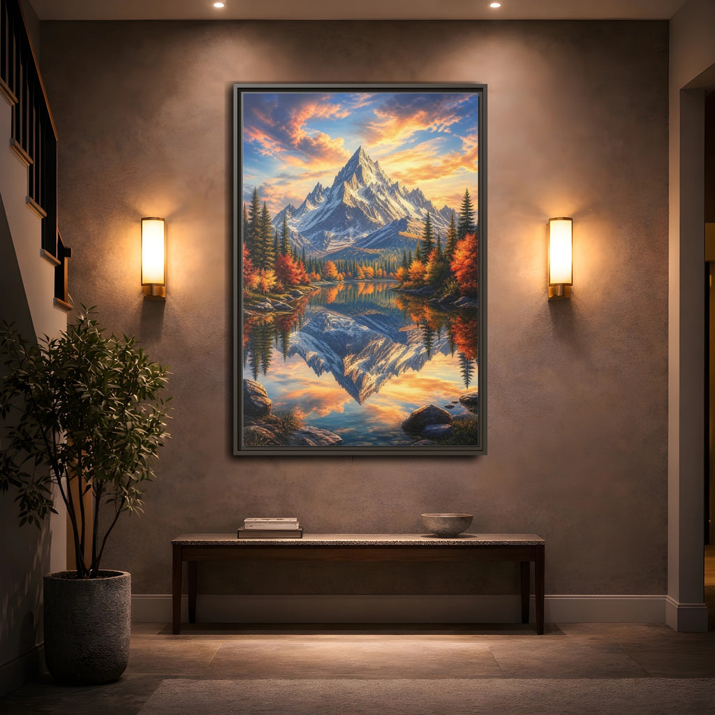 Mockup 2. Nature Snowy Mountain Autumn Mountain Lake shown as stretched canvas wall art