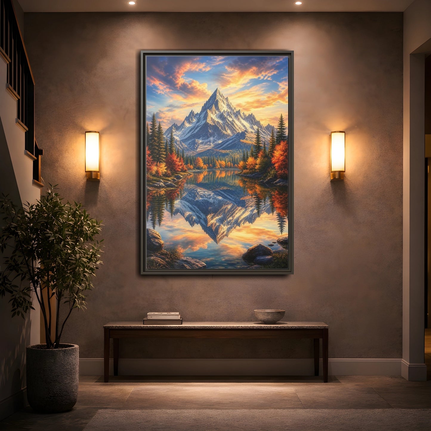 Mockup 2. Nature Snowy Mountain Autumn Mountain Lake shown as stretched canvas wall art