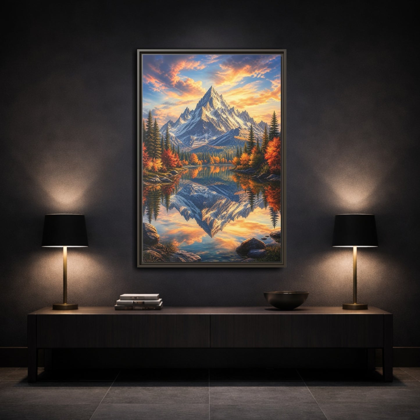 Mockup 3. Nature Snowy Mountain Autumn Mountain Lake shown as stretched canvas wall art