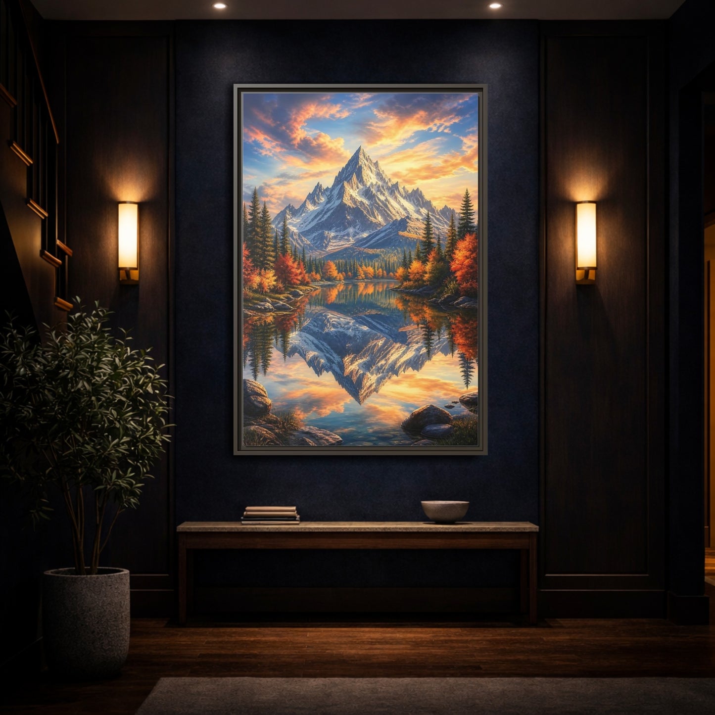 Mockup 4. Nature Snowy Mountain Autumn Mountain Lake shown as stretched canvas wall art