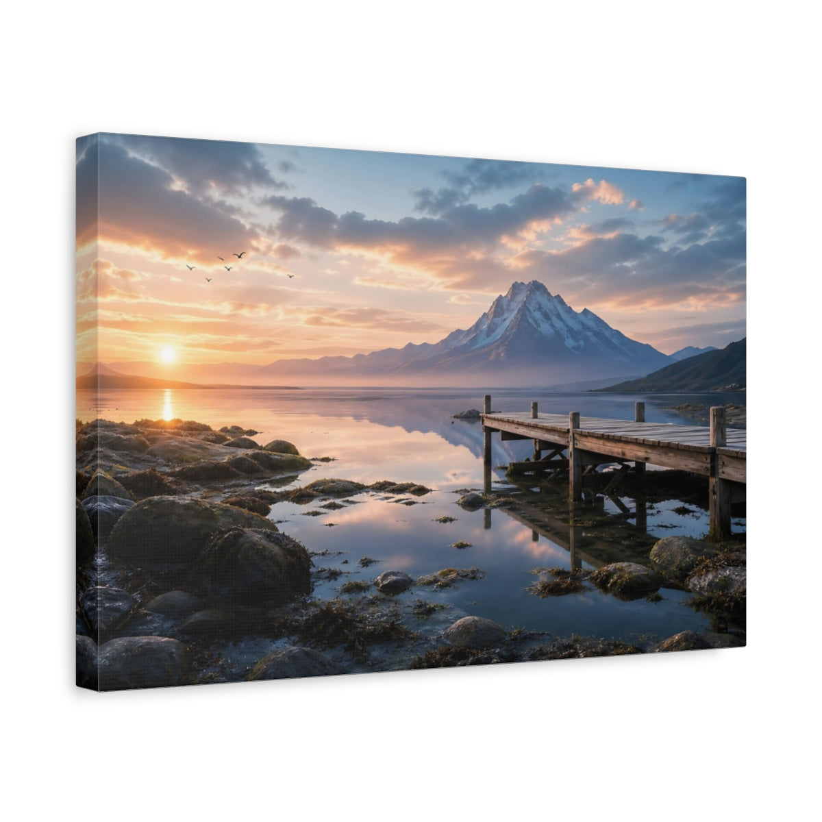 Side Mockup 4. Nature Snowy Mountain Mountain Lake Sunset shown as stretched canvas wall art