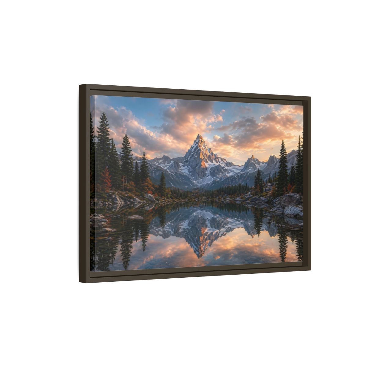 Side Mockup 2. Nature Snowy Mountain Mountain Lake Sunset shown as stretched canvas wall art