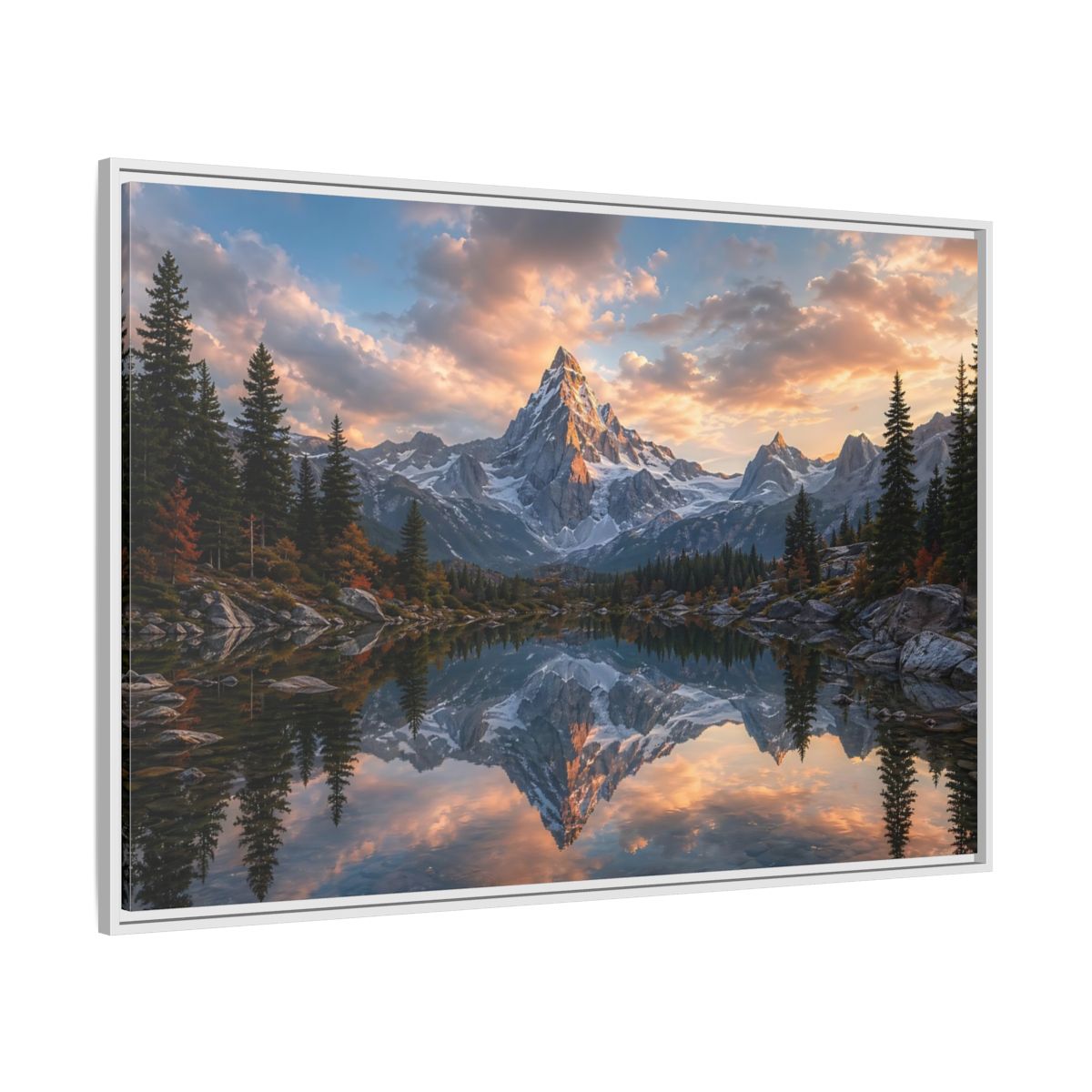 Side Mockup 7. Nature Snowy Mountain Mountain Lake Sunset shown as stretched canvas wall art