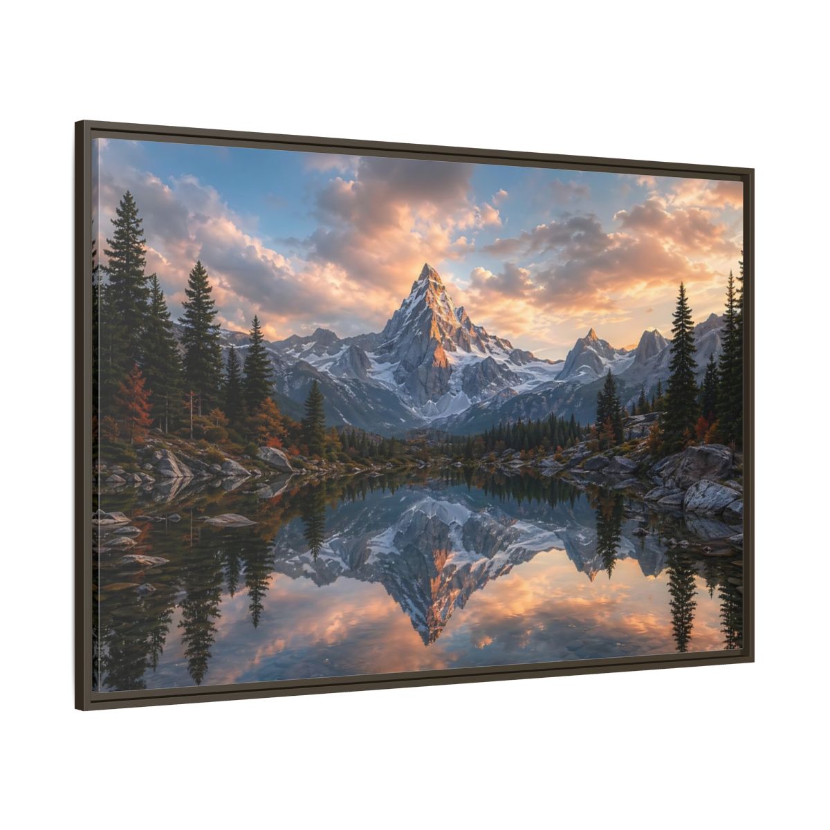 Side Mockup 8. Nature Snowy Mountain Mountain Lake Sunset shown as stretched canvas wall art