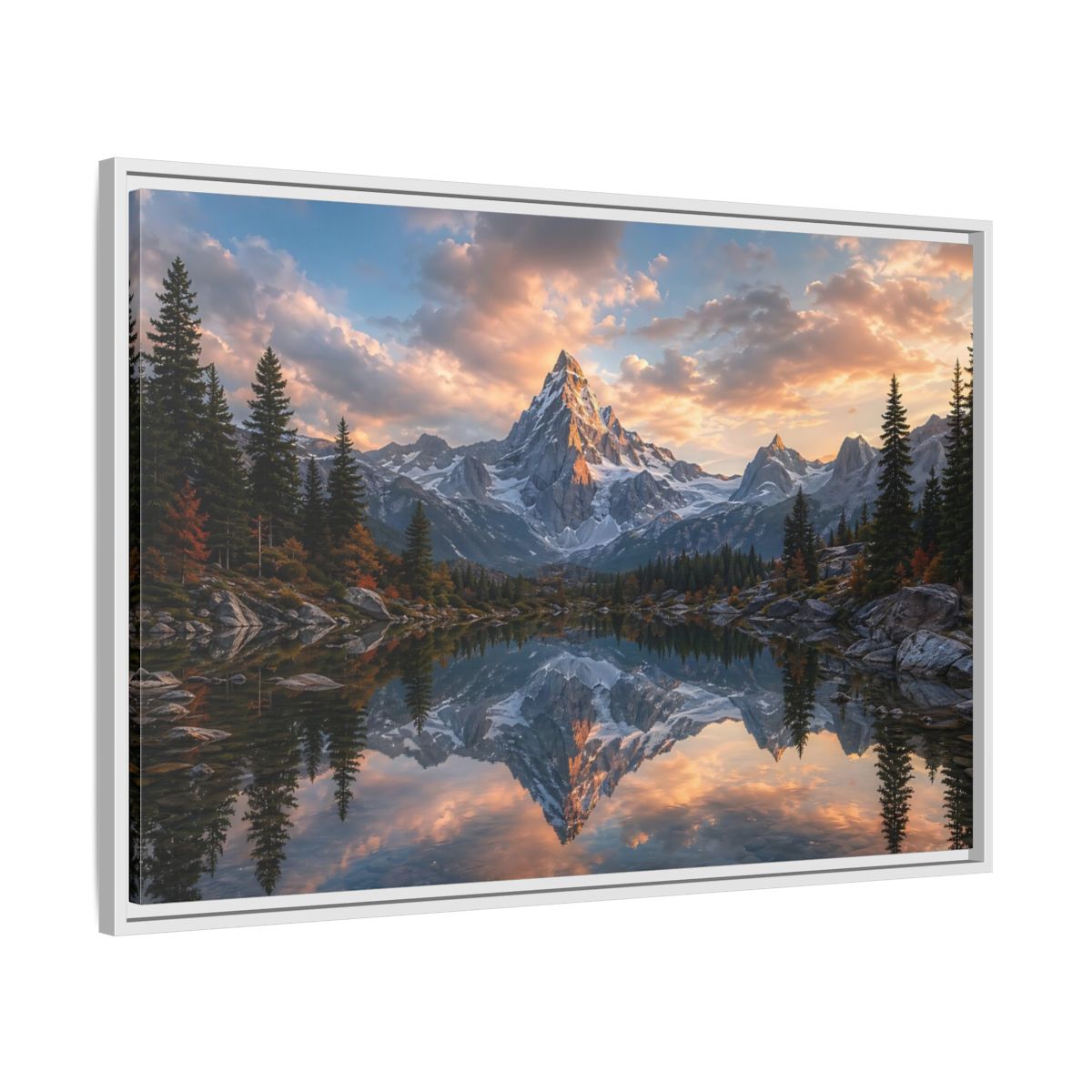 Side Mockup 9. Nature Snowy Mountain Mountain Lake Sunset shown as stretched canvas wall art