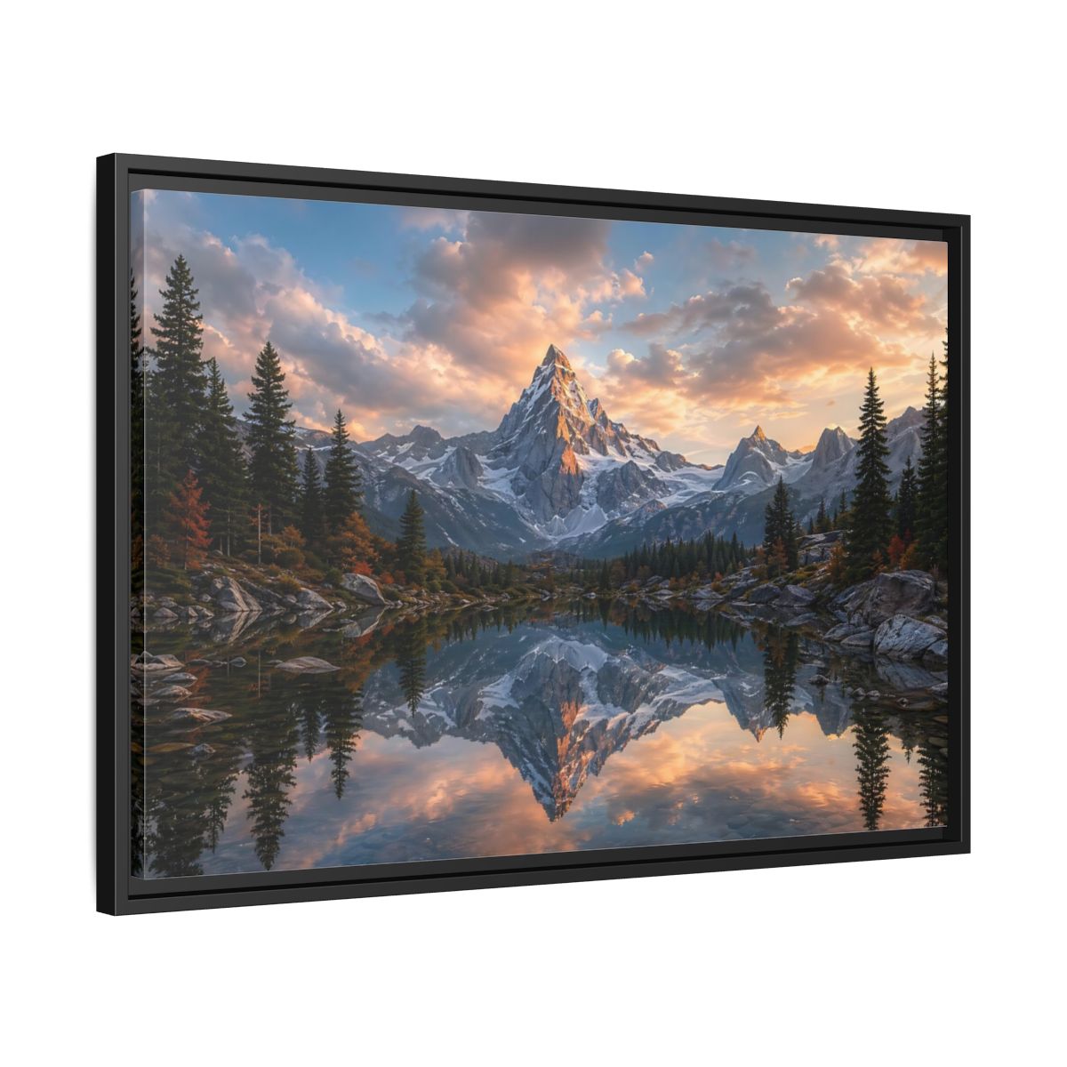 Side Mockup 14. Nature Snowy Mountain Mountain Lake Sunset shown as stretched canvas wall art