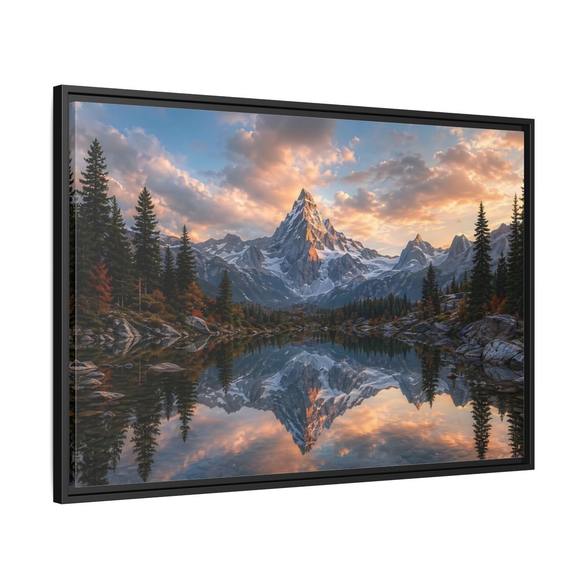 Side Mockup 13. Nature Snowy Mountain Mountain Lake Sunset shown as stretched canvas wall art
