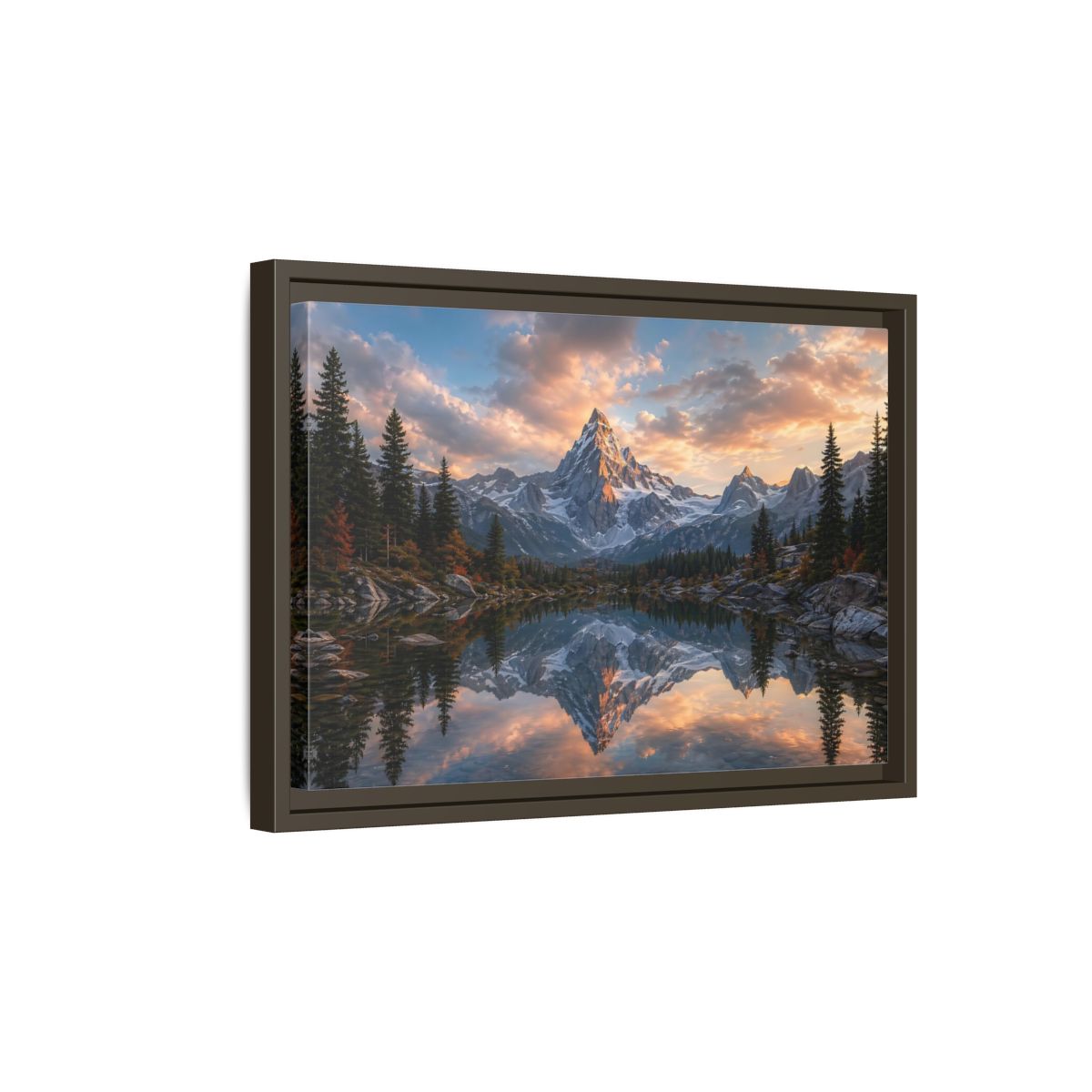 Side Mockup 5. Nature Snowy Mountain Mountain Lake Sunset shown as stretched canvas wall art